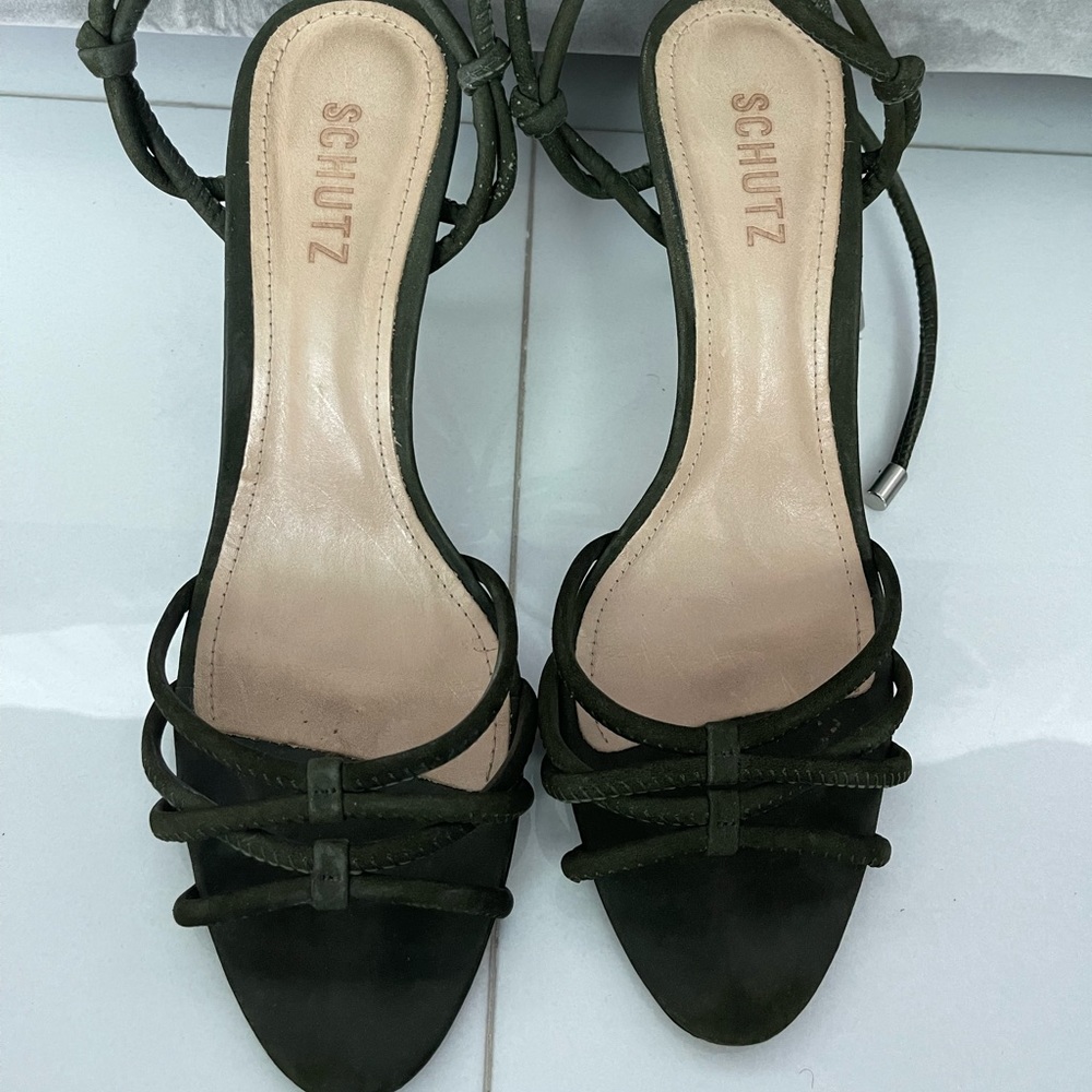 Schutz Forrest Green Ankle Strap Sandal Heels